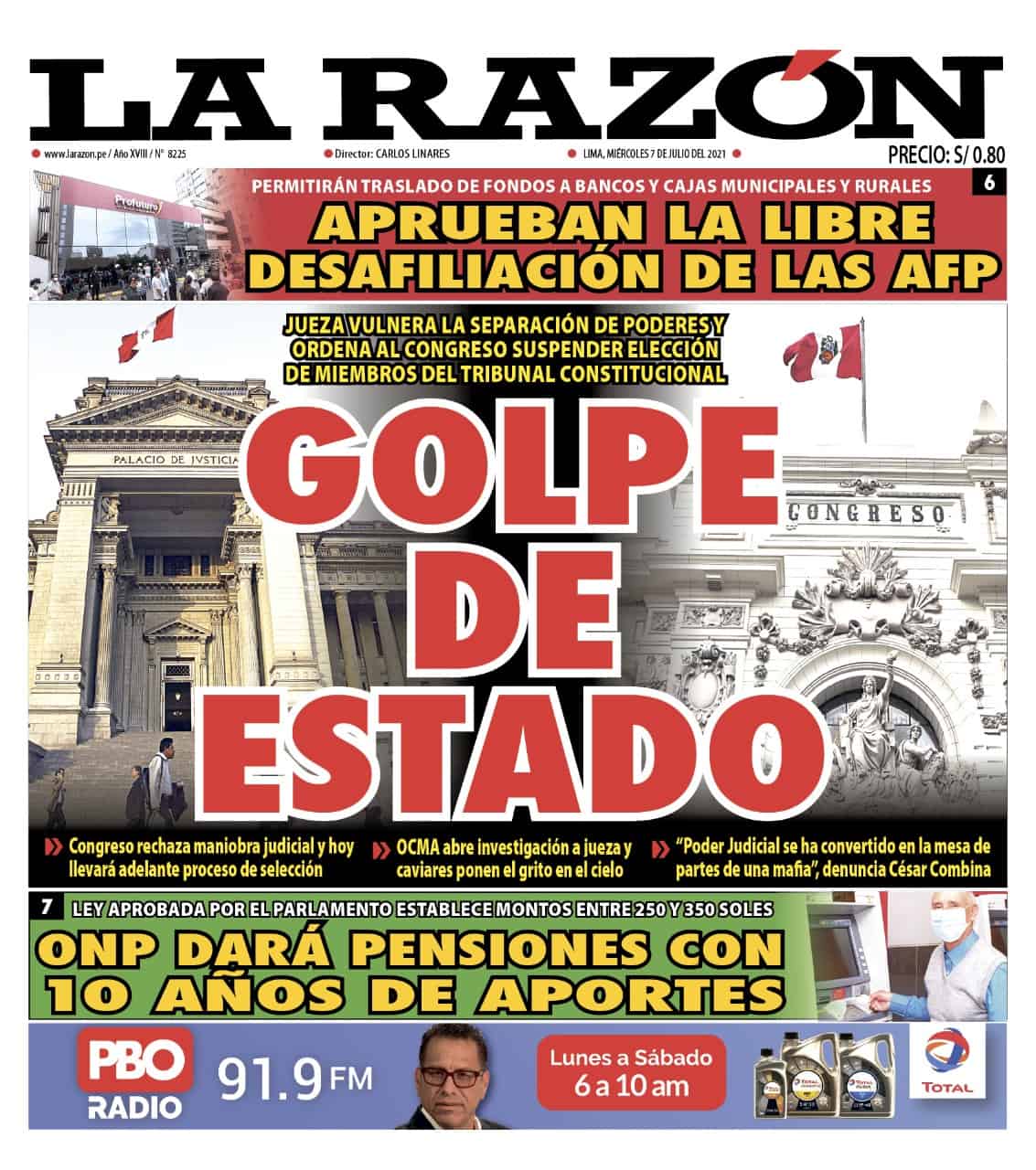 Portada impresa – Diario La Razón (07/07/2021)