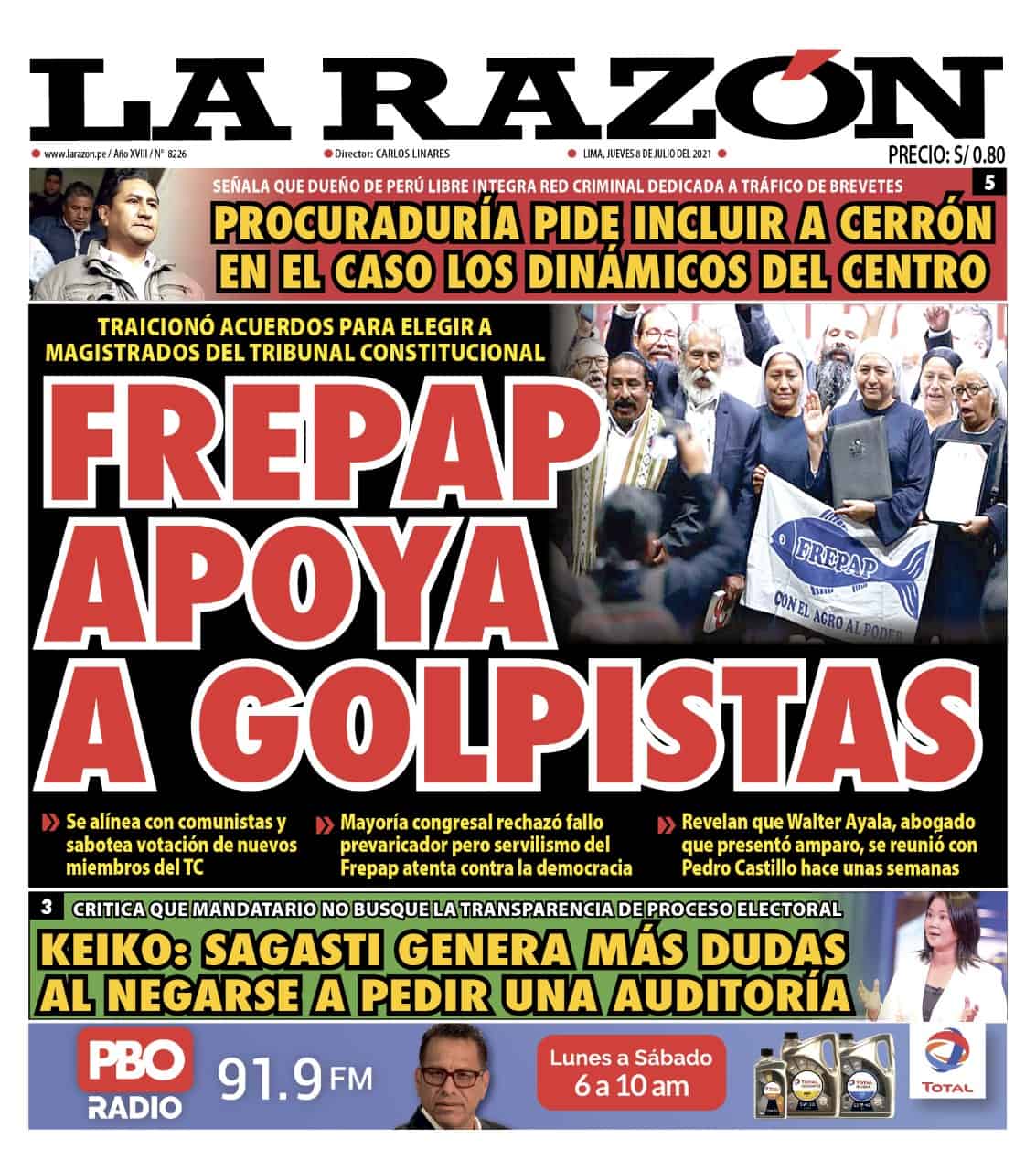 Portada impresa – Diario La Razón (08/07/2021)